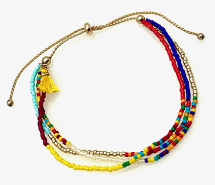 Adjustable Bracelet with Multicolor Seed Beads and Tassels