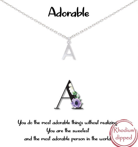 Silver Initial Charm Necklace on gift card - A for Adorable