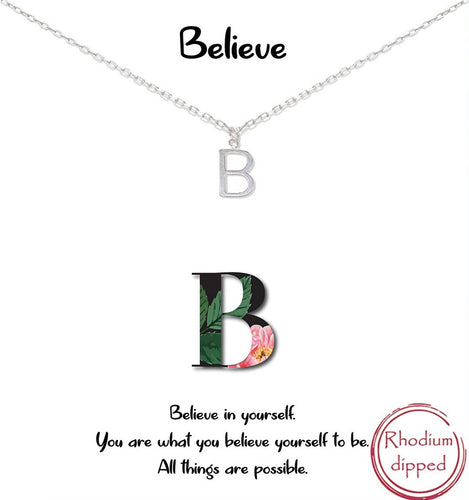 Silver Initial Charm Necklace on gift card - B for Believe