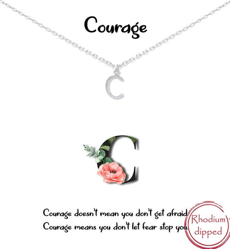 Silver Initial Charm Necklace on gift card - C for Courage