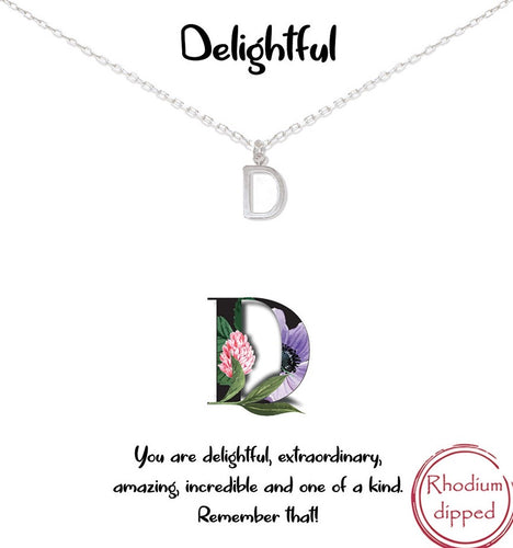 Silver Initial Charm Necklace on gift card - D for Delightful