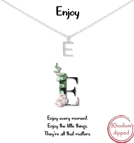 Silver Initial Charm Necklace on gift card - E for Enjoy