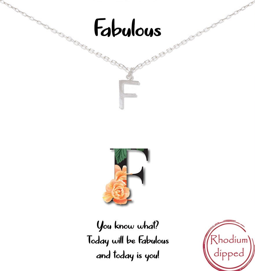 Silver Initial Charm Necklace on gift card - F for Fabulous