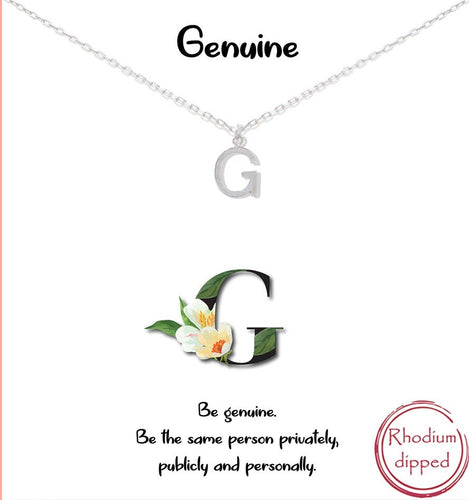 Silver Initial Charm Necklace on gift card - G for Genuine