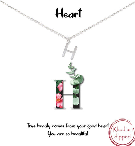 Silver Initial Charm Necklace on gift card - H for Heart