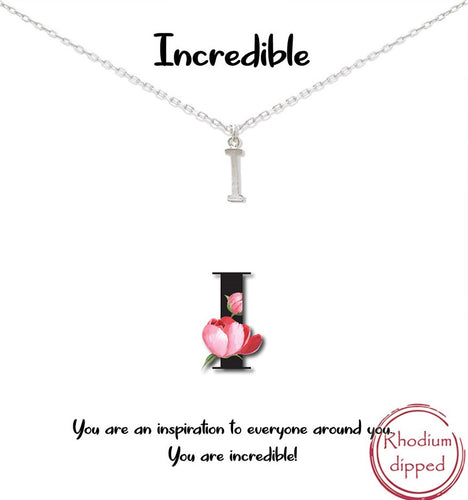 Silver Initial Charm Necklace on gift card - I for Incredible