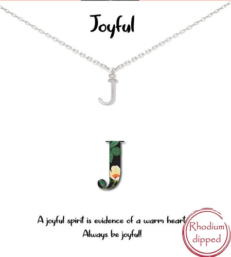 Silver Initial Charm Necklace on gift card - J for Joyful