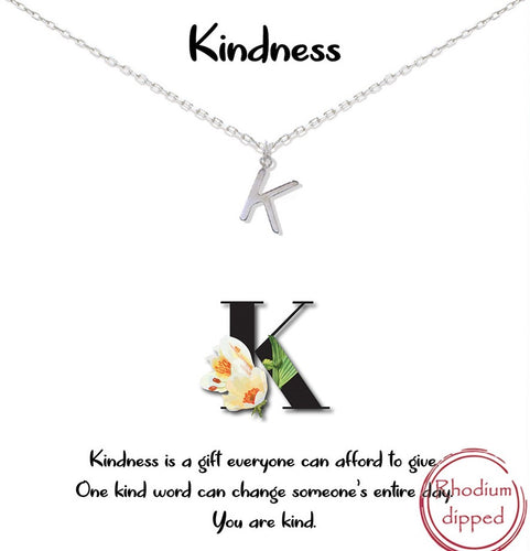 Silver Initial Charm Necklace on gift card - K for Kindness