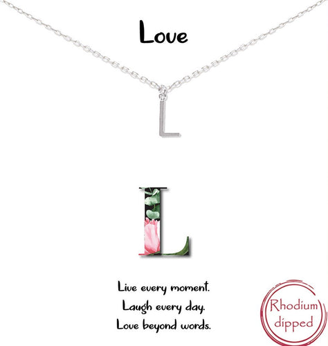 Silver Initial Charm Necklace on gift card - L for Love