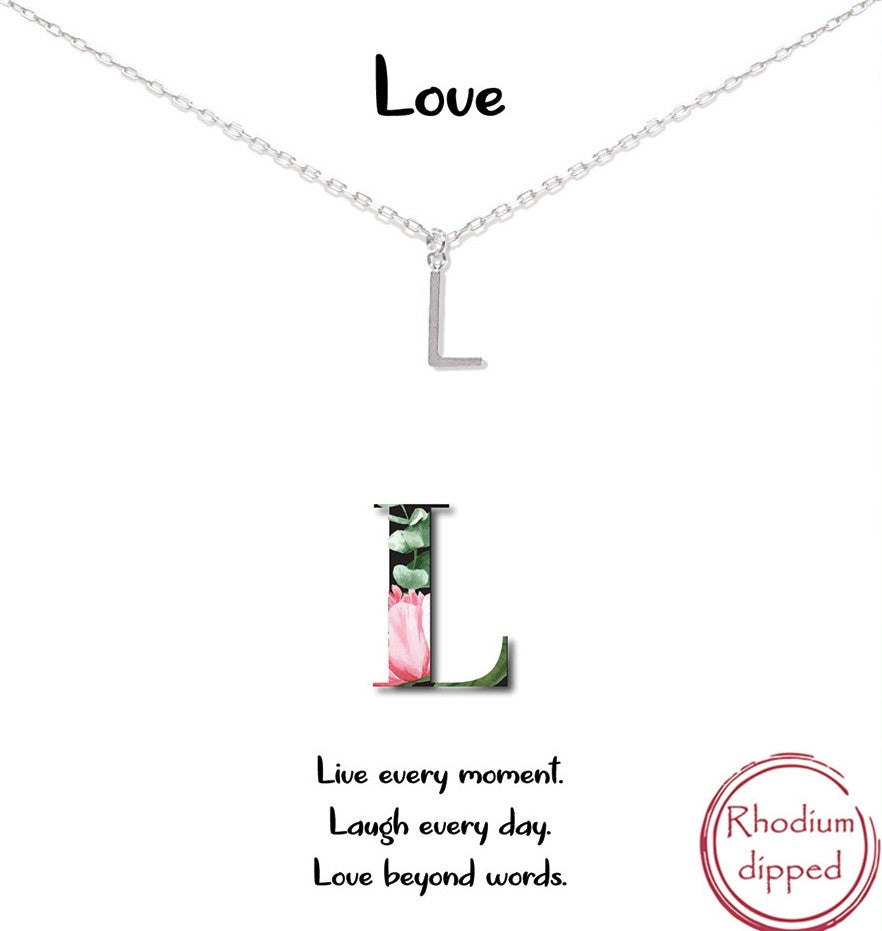 Silver Initial Charm Necklace on gift card - L for Love