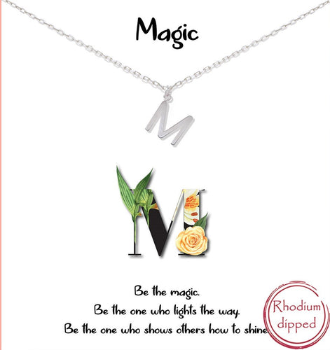 Silver Initial Charm Necklace on gift card - M for Magic