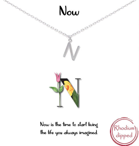 Silver Initial Charm Necklace on gift card - N for Now