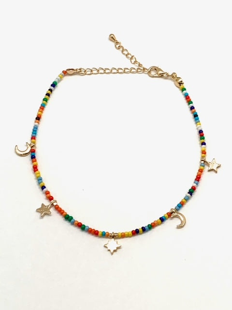 Multicolor Beaded Anklet with Star Pendants