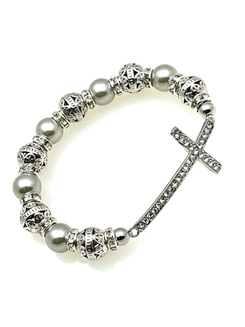 Silver Stretch Inspirational Bracelet with Cross and Gray Pearls