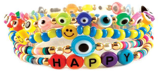 Multiple Stretch Beaded Bracelets with Happy Face and Evil Eye Protection beads - Multiple colors