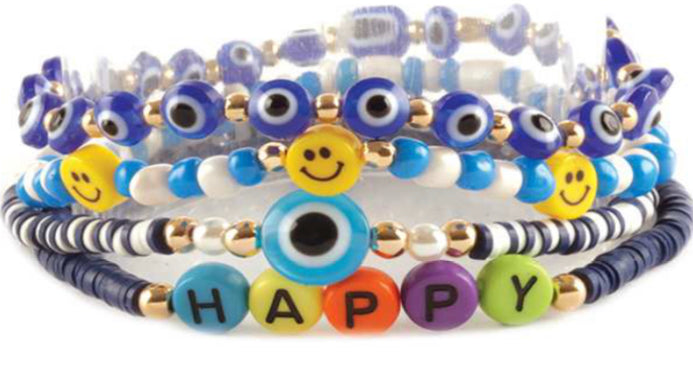 Multiple Stretch Beaded Bracelets with Happy Face and Evil Eye Protection beads - blue colors