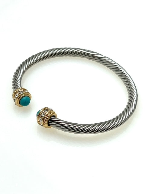 Gold and Silver Cable cuff bracelet with Turquoise stone