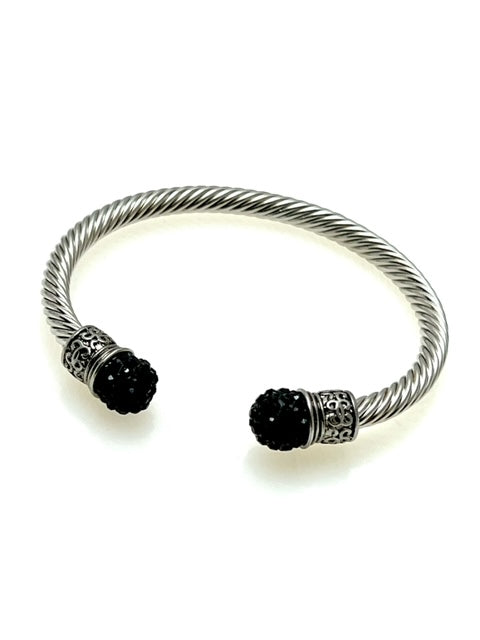 Silver Cable cuff bracelet with Black Crystals on cap