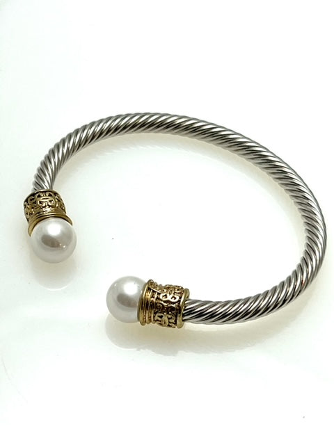 Silver Gold and Pearl Cable cuff bracelet 2