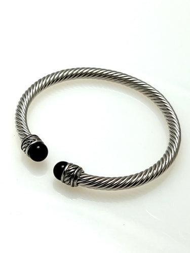 Silver Cable cuff bracelet with Black Stone cap