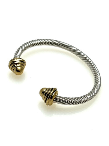 Gold and Silver Cable cuff bracelet with Gold Bead cap