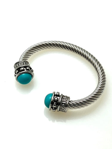 Silver Cable cuff bracelet with Turquoise Stone cap