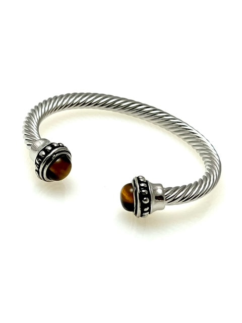 Silver Cable cuff bracelet with Tiger Eye Stone cap