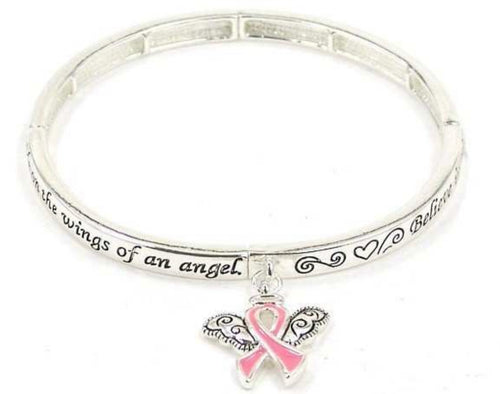 Pink Ribbon Wings of an Angel Silver Stretch Inspirational bracelet