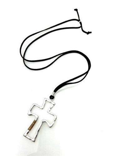 Dark Brown Leather Suede Inspirational Necklace with SILVER CROSS PENDANT