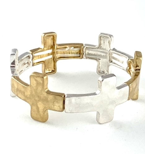 Silver and Gold Hammered Stretch Bracelet Cross