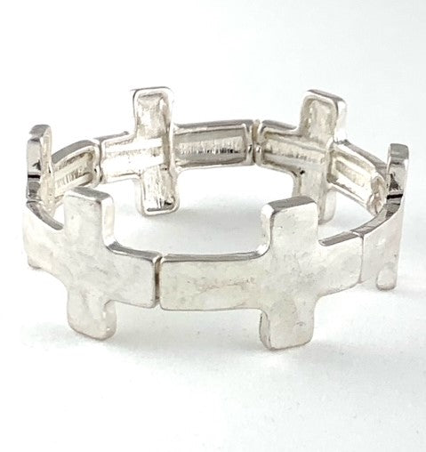 Silver Hammered Stretch Bracelet Cross