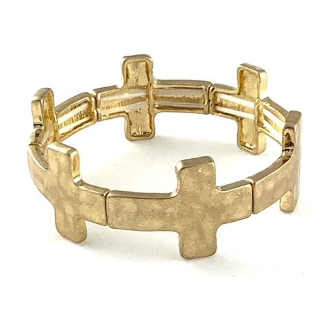 Gold Hammered Stretch Bracelet Cross