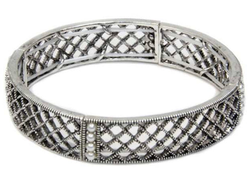 Silver Stretch Bracelet with Lattice design and pearls