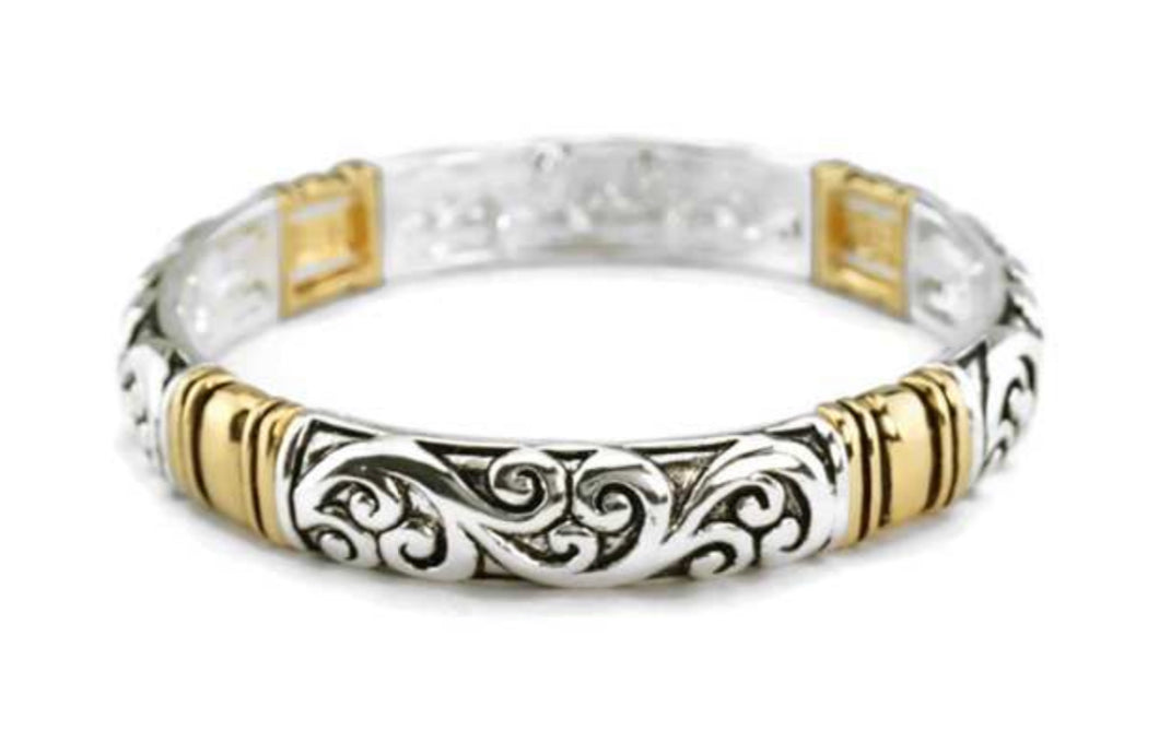 Silver Stretch Bracelet with Curves and Gold accents