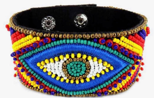 Evil Eye Protection Beaded Wide Leather Snap Closure Bracelet - Multiple Colors