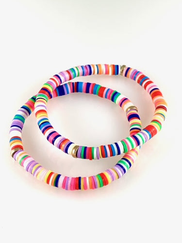 Pair of Beaded Stretch Bracelets with Bright colors and Gold Beads - 2 Bead Sizes