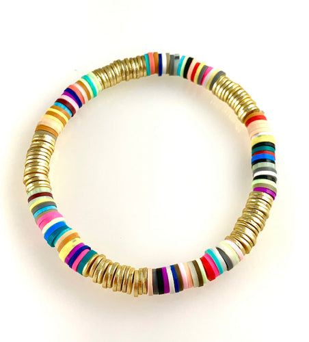 Beaded Stretch Bracelet with Bright colors and Gold Beads