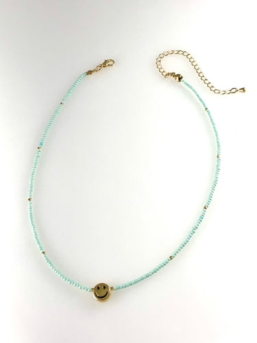 Happy Face Beaded Necklace - Mint Green