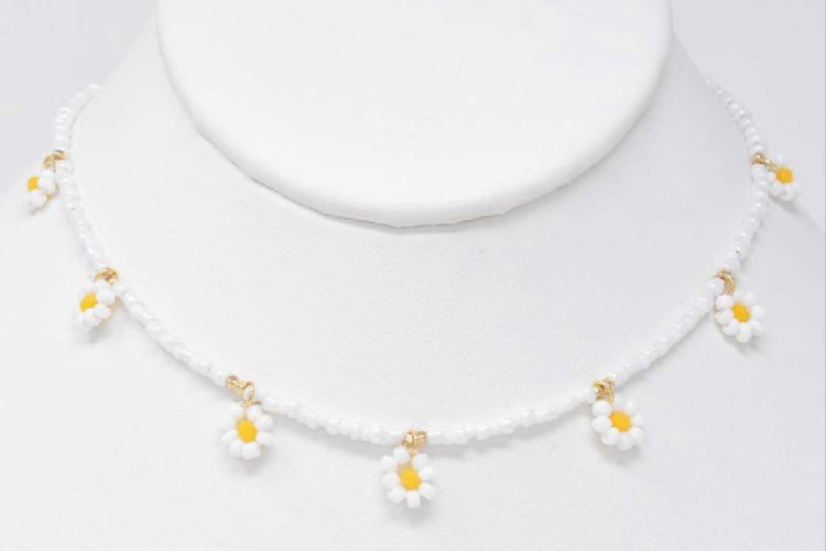 Daisy Bead Flower Necklace with White Beaded Chain