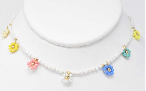 Multicolor Bead Flower Necklace with White Beaded Chain