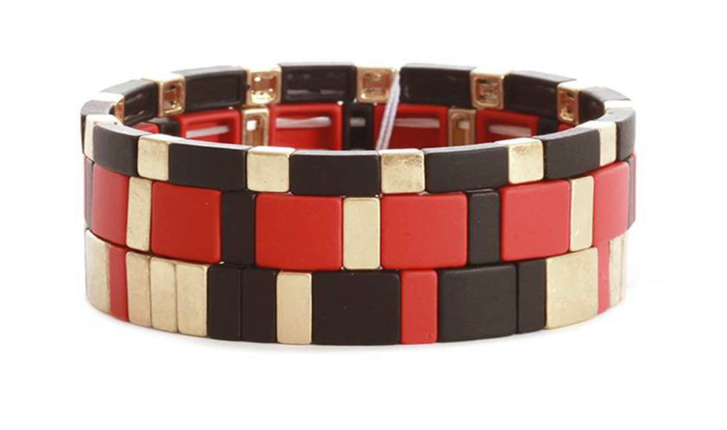 Red Black and Gold Square Beaded Stretch Sport Bracelet Set of 3