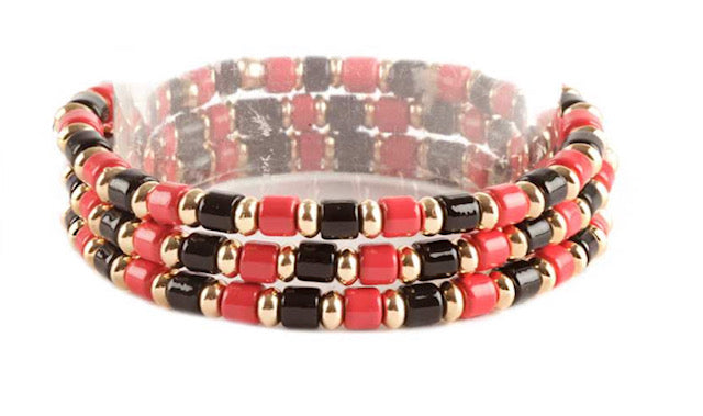 Red Black and Gold Beaded Stretch Sport Bracelet Set of 3