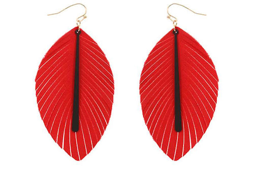 Red and Black Leather Feather with Bar Sport Earrings