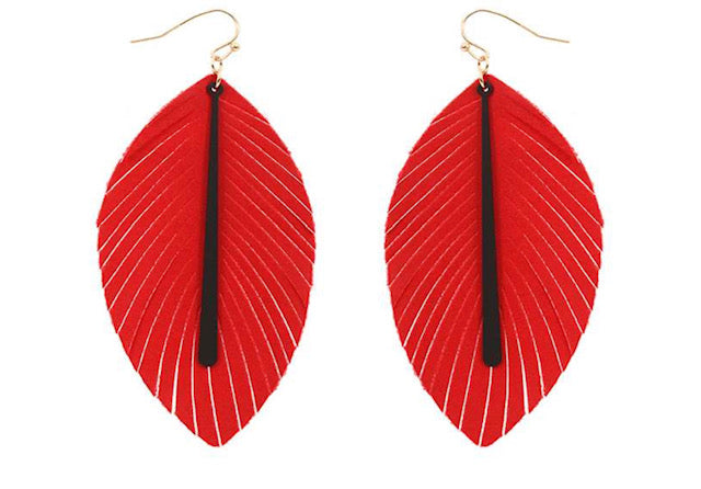 Red and Black Leather Feather with Bar Sport Earrings