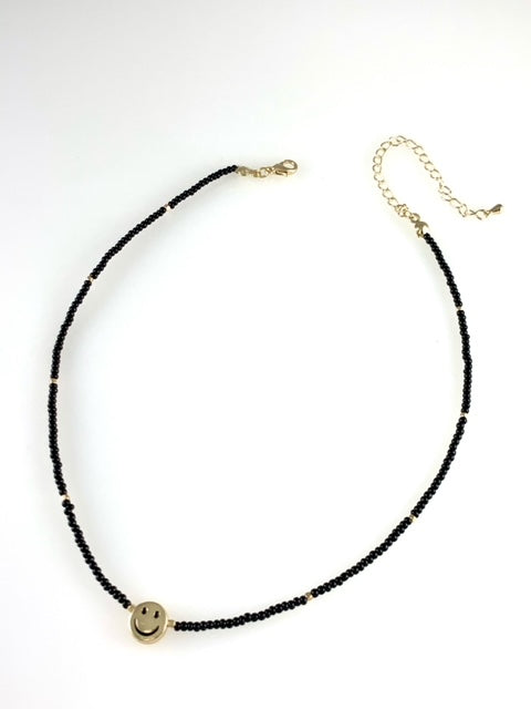 Happy Face Beaded Necklace - Black