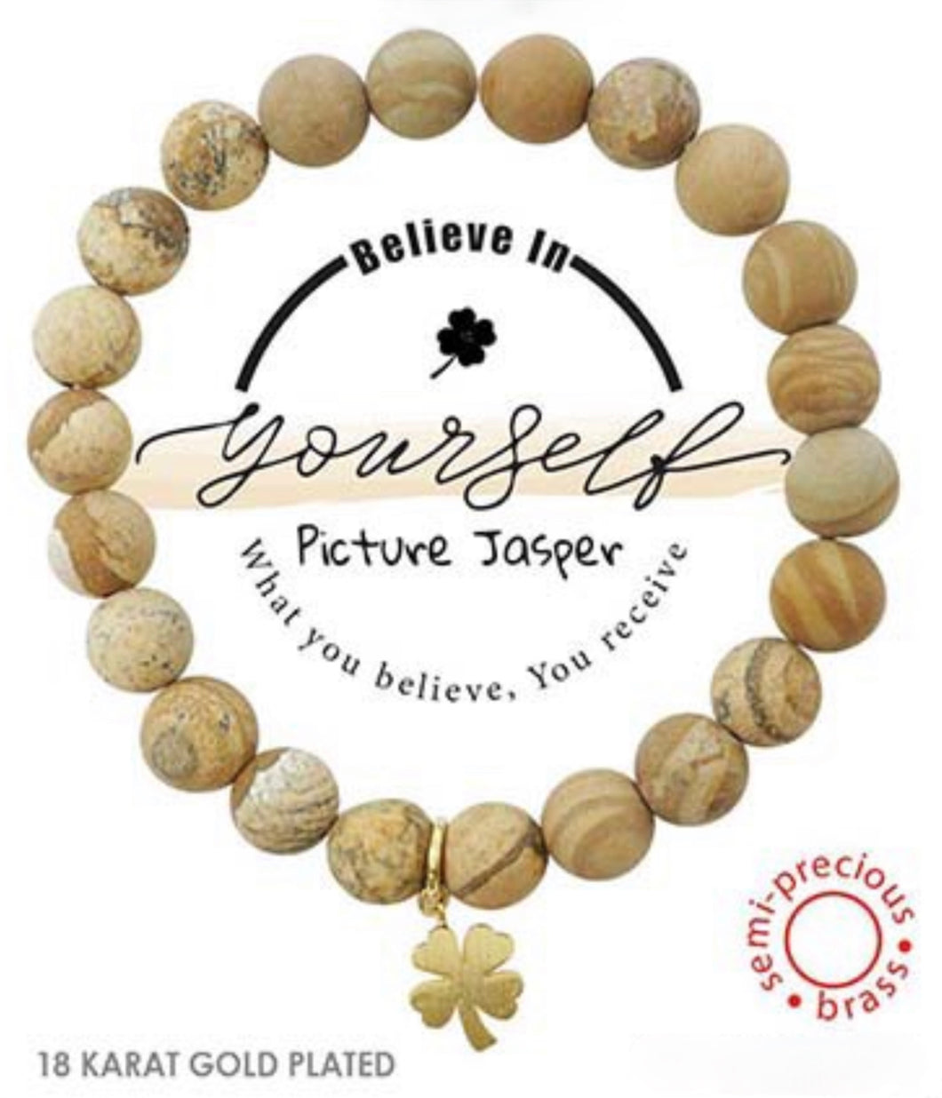 Clover Charm Believe in Yourself Semi-Precious Picture Jasper Stone Stretch Inspirational Bracelet