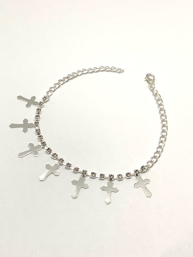 Silver Chain Anklet with Cross Pendants