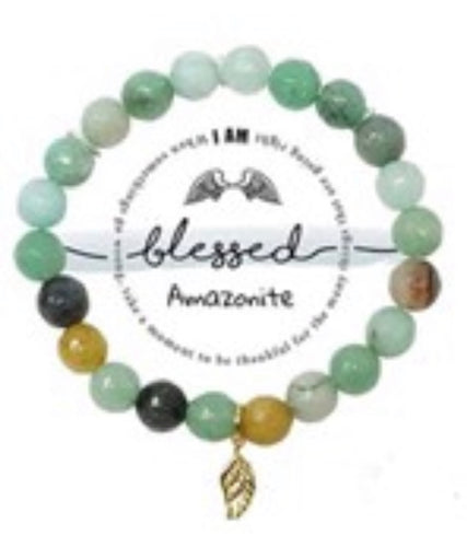 Angel Wing Blessed Charm Semi-Precious Amazonite Stone Stretch Inspirational Bracelet