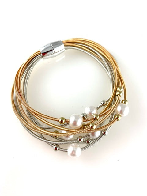 Silver and Gold Magnetic Bracelet with Multi-strand Piano Wire and Pearls