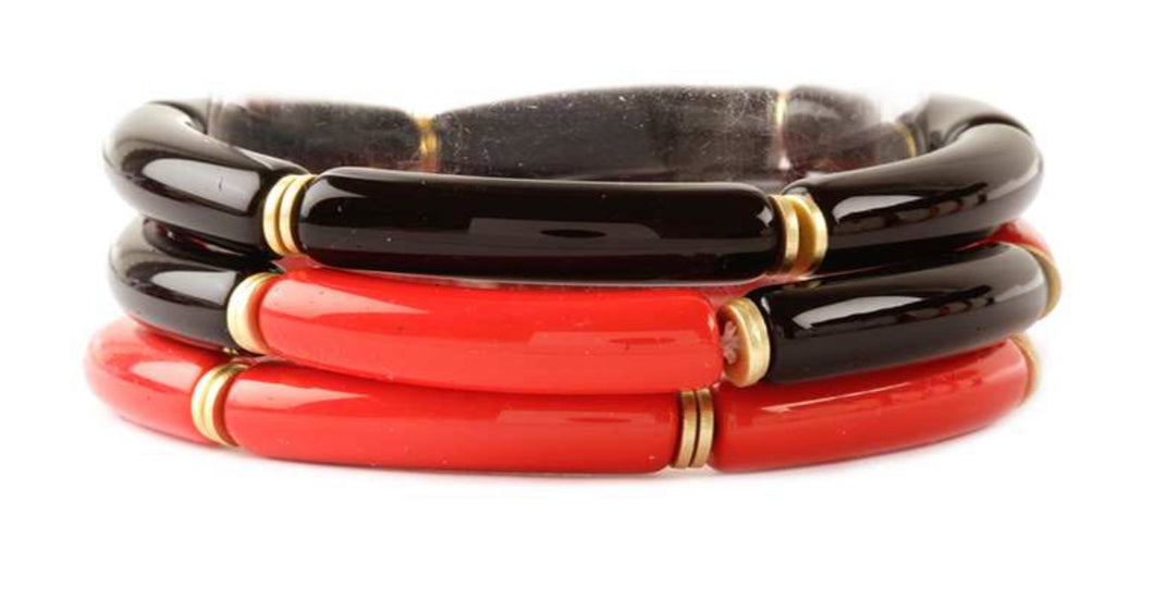 Red Black and Gold Long Beaded Stretch Sport Bracelet Set of 3